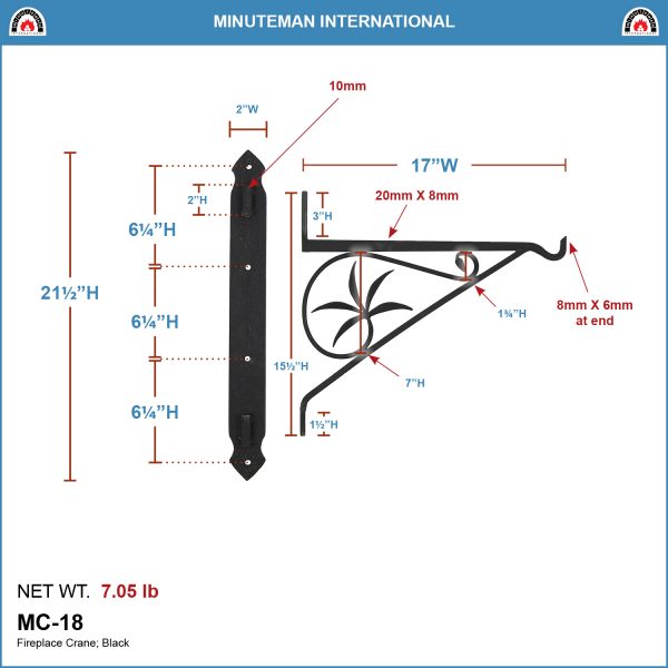 18-in Swivel Arm, Fireplace Crane by Minuteman - Image 2