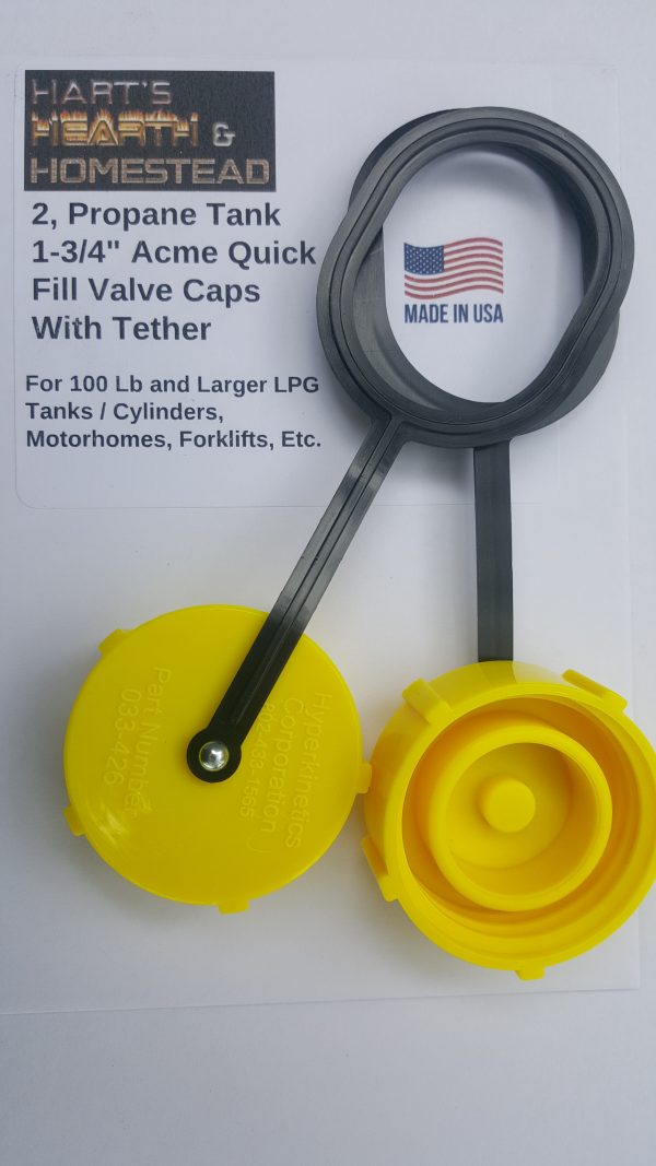 Propane Tank 1-3/4" Fill Valve Caps W/Plastic Tether; Forklift, 100#+ Tanks, RVs, 2 Pack, Made in USA - Image 2