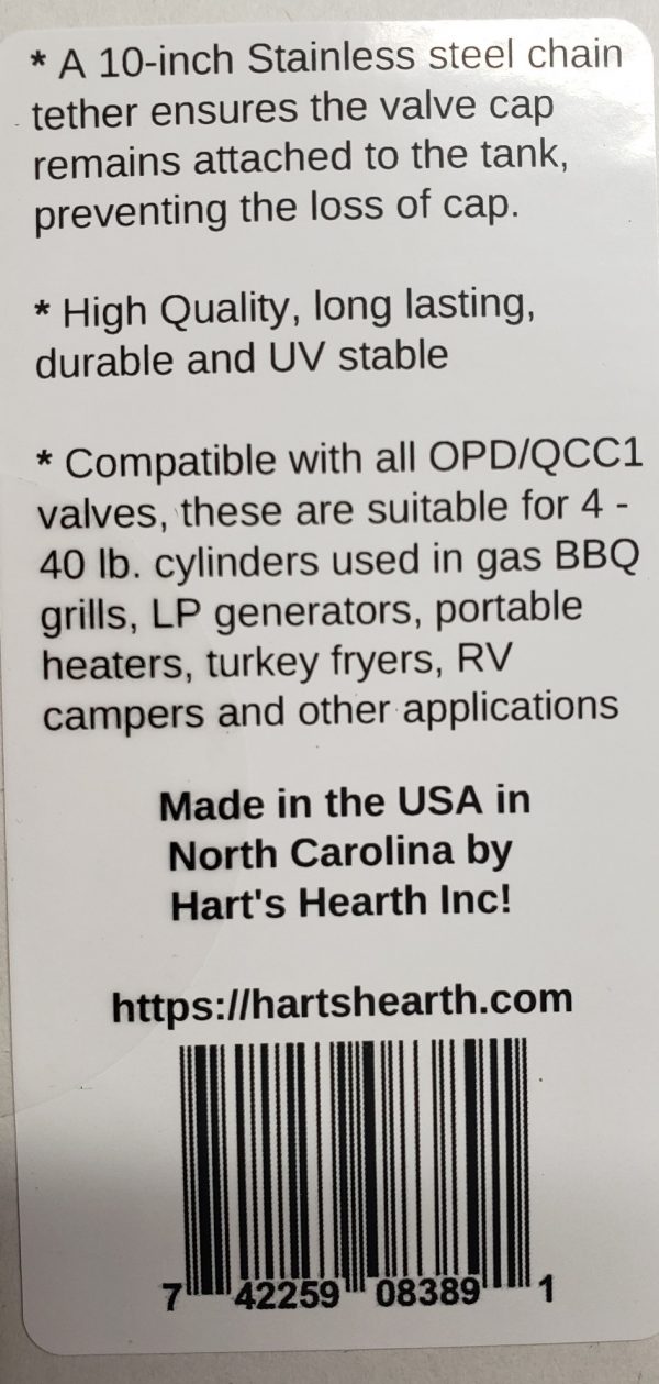 Hart's Hearth & Homestead Propane OPD Threaded Dust Cap w/SS Chain Tether, 2 Year Warranty, fits 20lb-40lb LP Tanks, for BBQ Grills, RV Campers, etc, **Made in USA** - Image 8