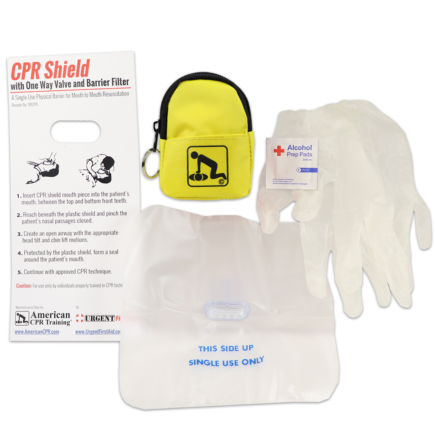 CPR Yellow Beltloop Keychain Backpack with Faceshield, Gloves, and Cleansing Wipes - Image 4